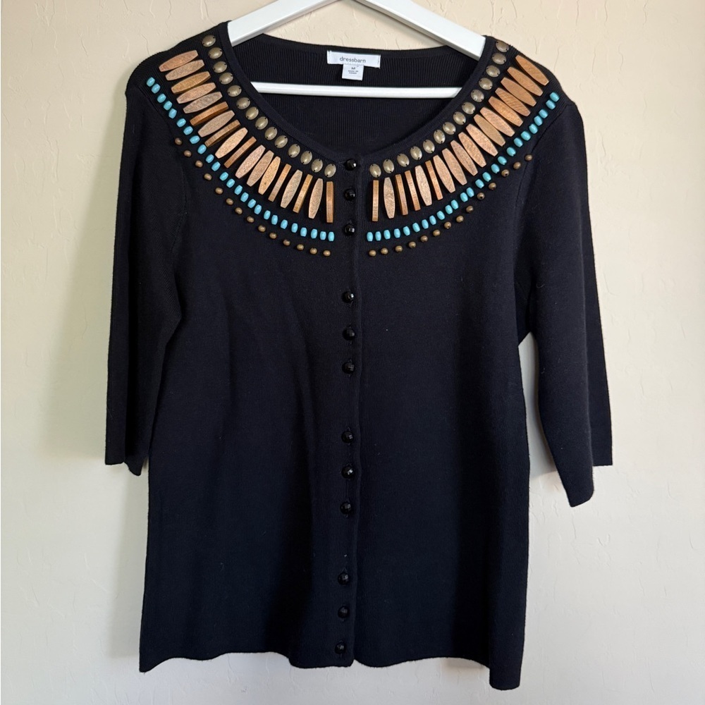 DressBarn Boho Beaded Wooden Detail Embellished Neck Button Front Cardigan Med